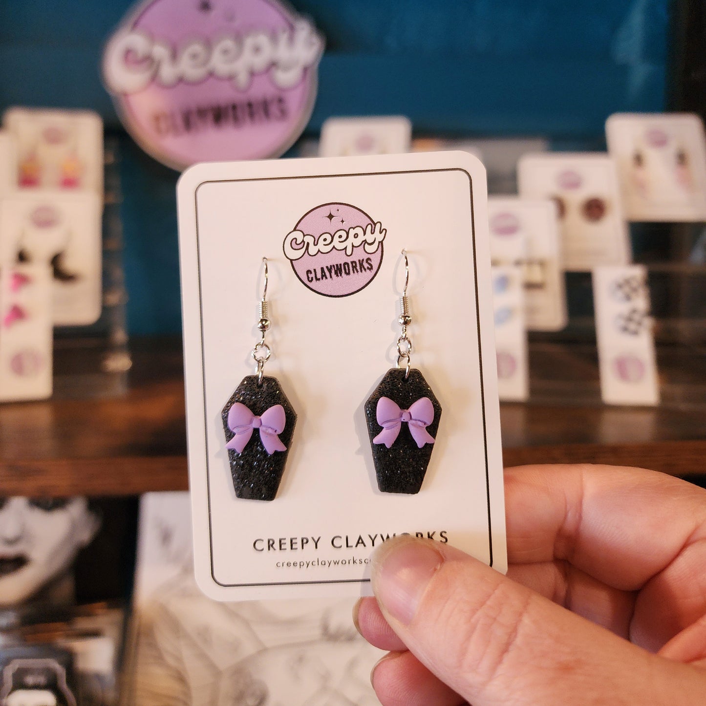 Black Sparkly Coffins with Purple Bows - Drop Earrings