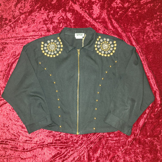Zip Crop Black Denim Jacket with Brass Stud Detailing
