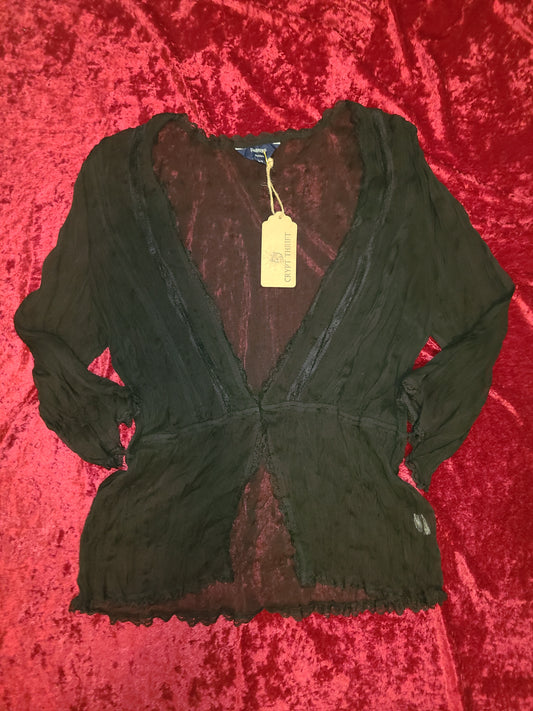 Black Lace and Chiffon Crinkled Cardigan with 3/4 Sleeves
