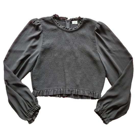 Black Shirring Top With Sheer Puff Sleeves Size XL