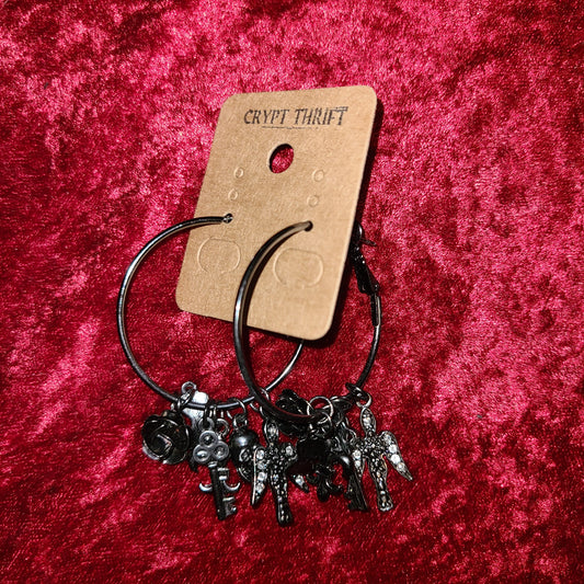 Gunmetal Hoop Earrings with Gothic Charms.