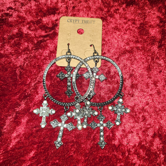 Gunmetal Hanging Circle Earrings with Crosses and White Crystals