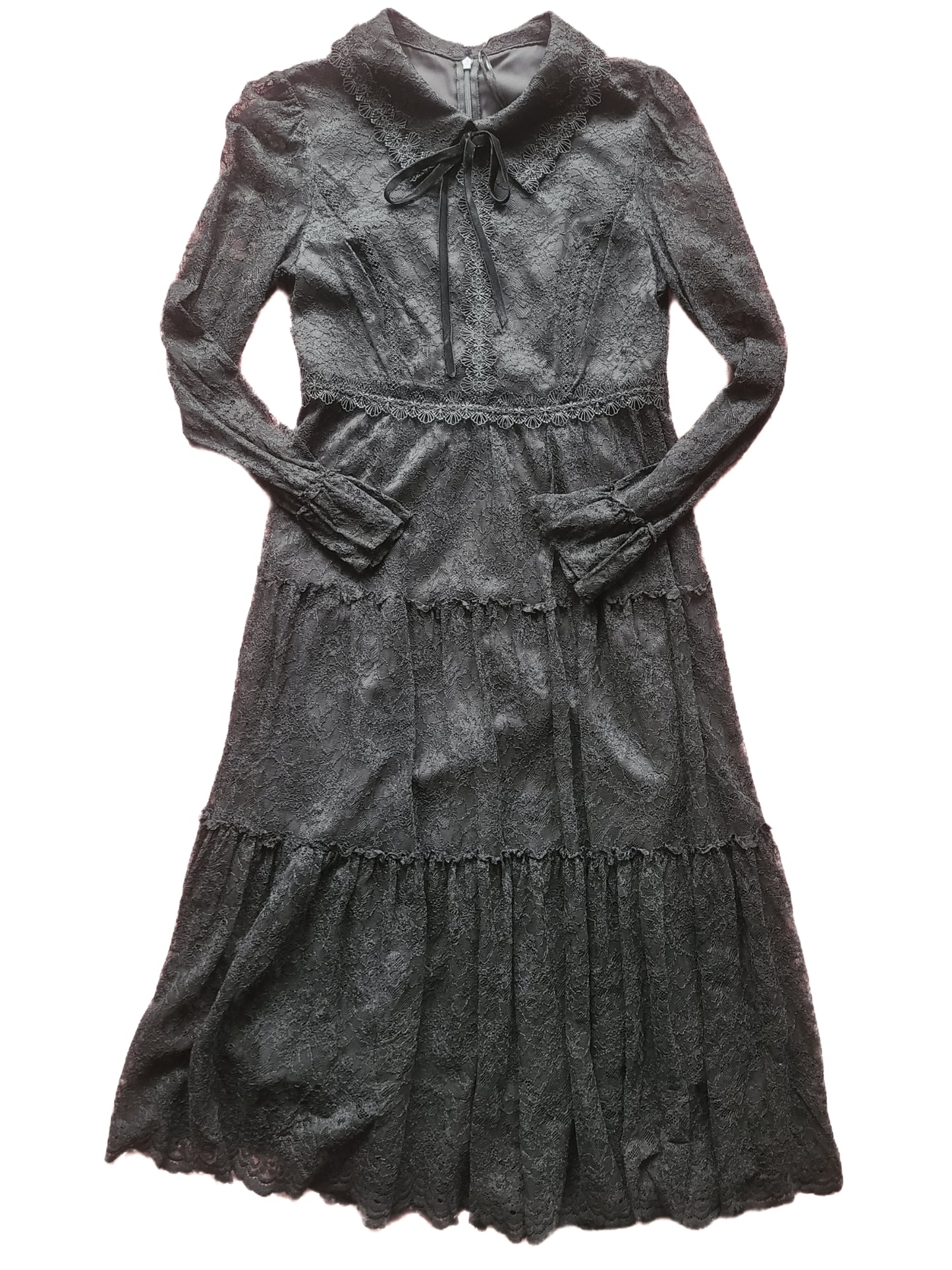 Black Lace Long Sleeve Dress With Velvet Bow Size M.