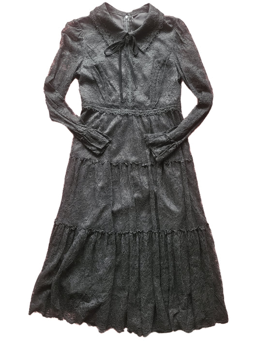 Black Lace Long Sleeve Dress With Velvet Bow Size M.