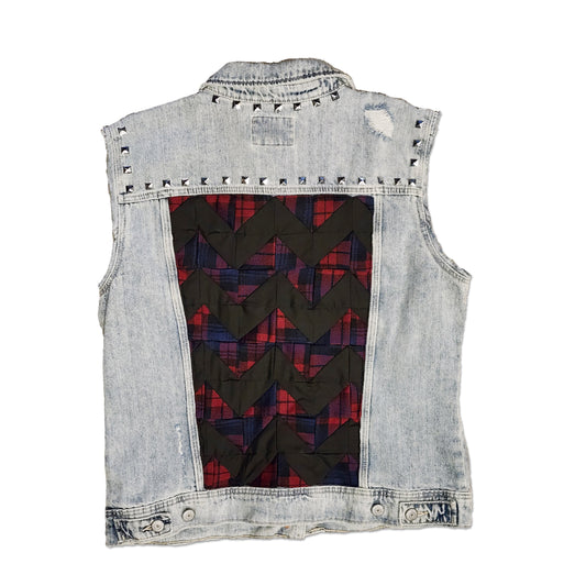 OOAK Dark Plaid Back Patch Denim Vest Size L