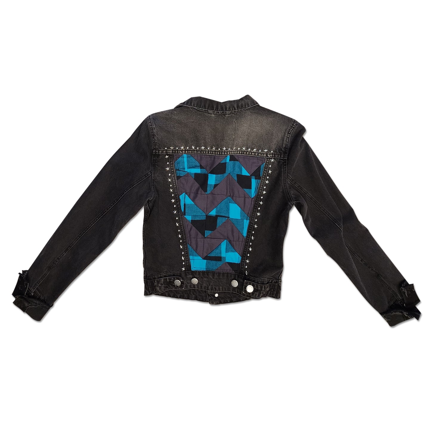 OOAK Blue Plaid Zig Zag Quilted Back Patch Black Denim Jacket Size S