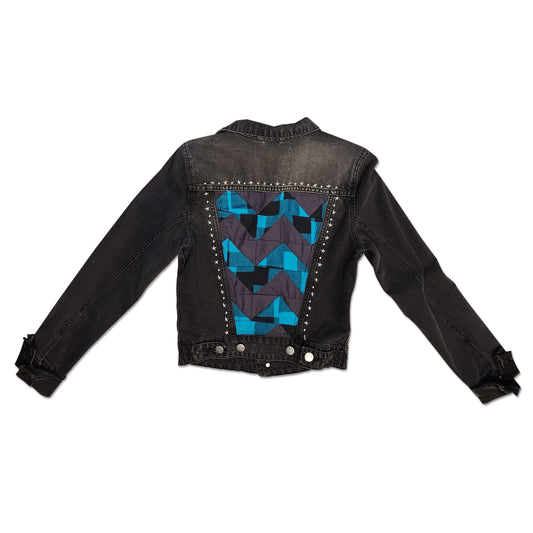 OOAK Blue Plaid Zig Zag Quilted Back Patch Black Denim Jacket Size S