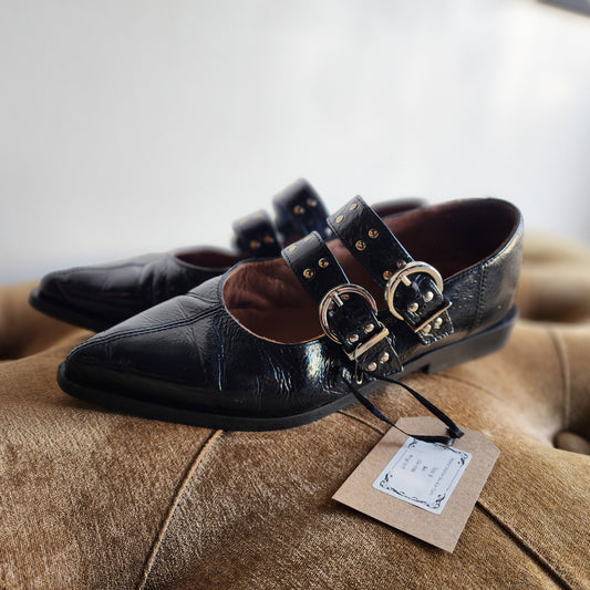 Patent Leather Buckle Flats, Size 8 Women's.
