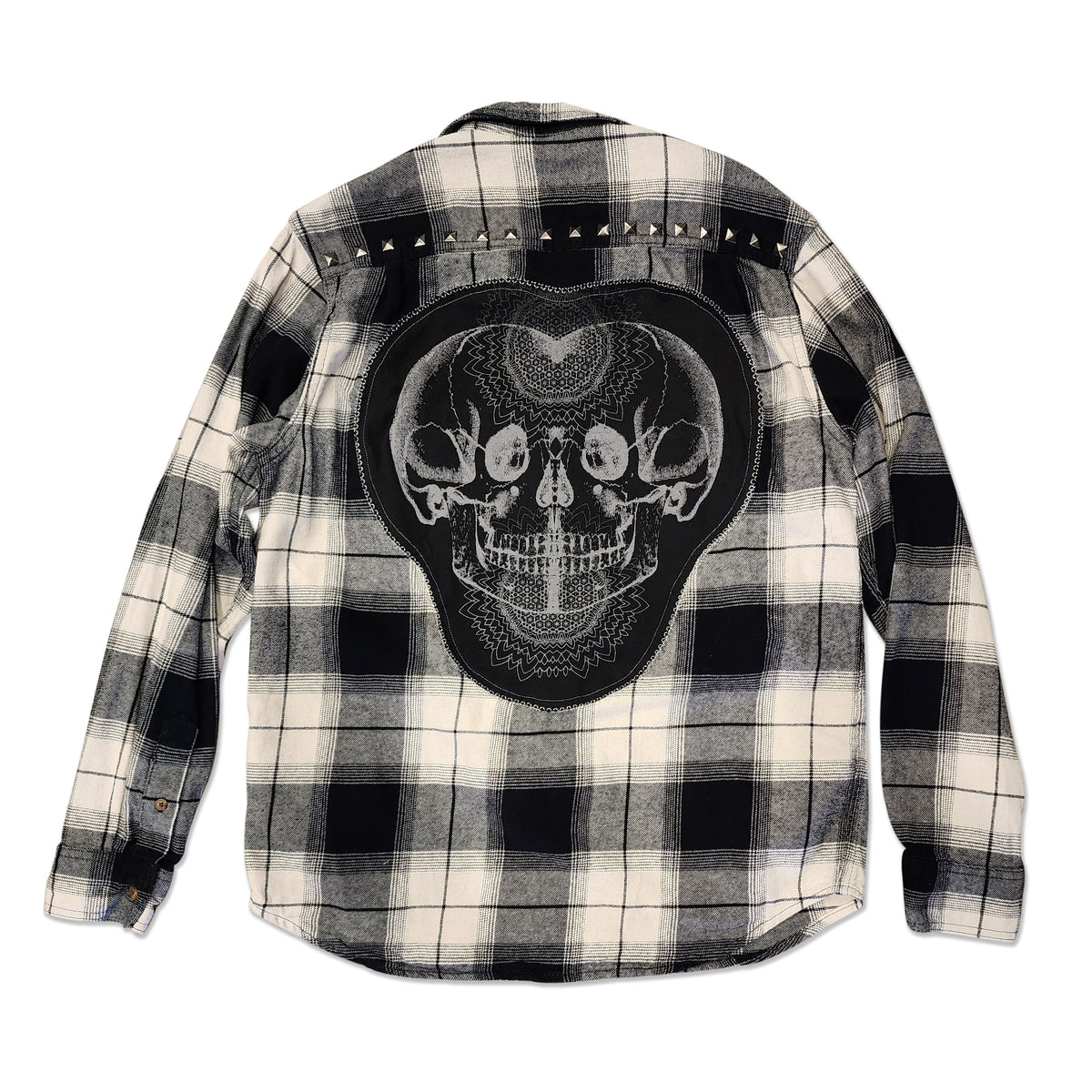 OOAK Double Skull Patch Studded Flanel, Size M