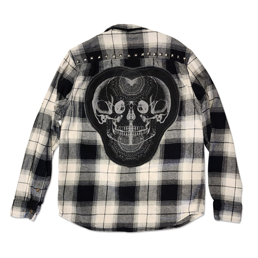 OOAK Double Skull Patch Studded Flanel, Size M