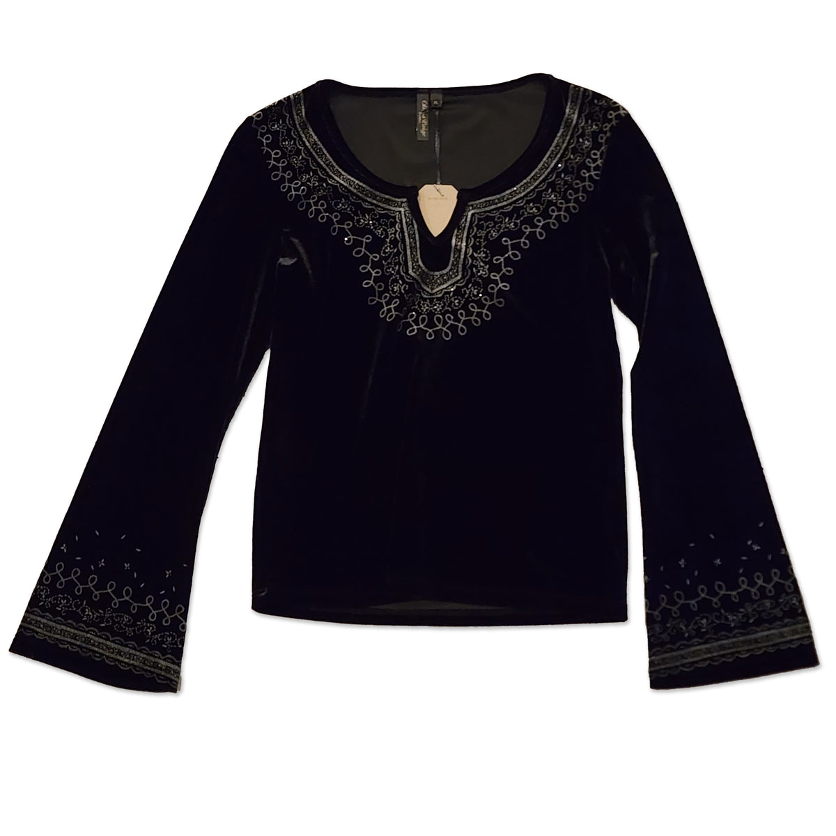 Velvet Bell Sleeve Top w/ Print, Size L